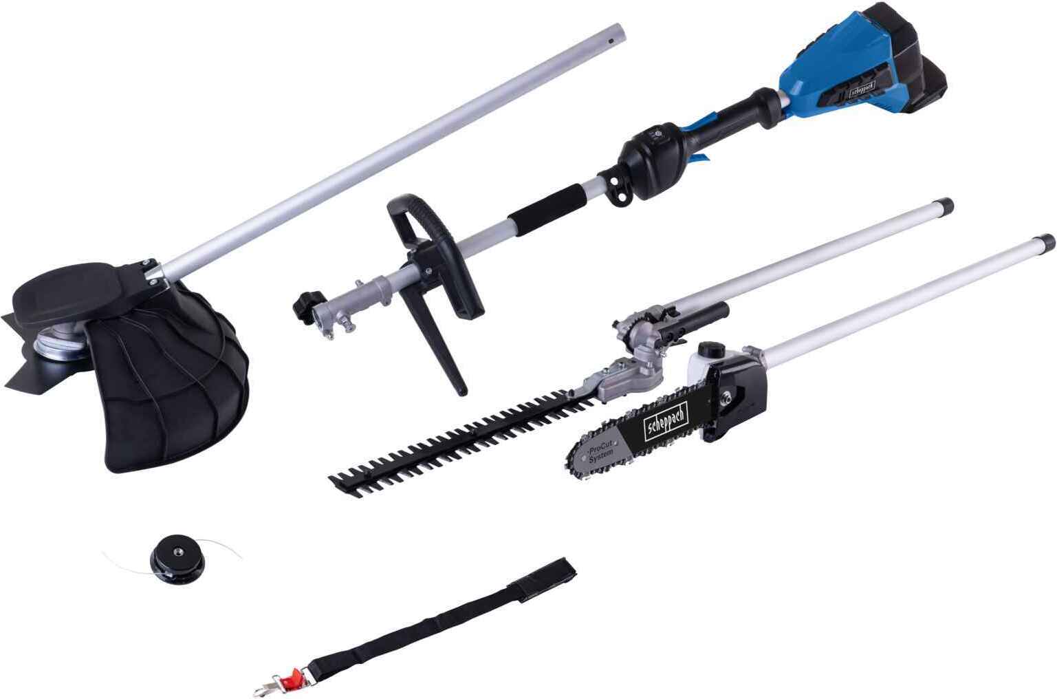 Scheppach Akku-Multifunktionsgerät BC-MFH400-X | 4in1-Funktion | 20V IXES | Brushless Motor | Rasentrimmer | Motorsense | Heckenschere | Hochentaster