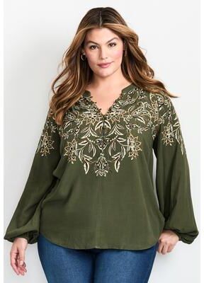 Plus Size Women's Temptation V-Neck Shirt by Avenue in Olive Placement (Size 26/28)