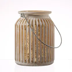 MARELIDA Windlicht für Teelichter geriffeltes Glas Metallhenkel H: 14,5cm weiß gold