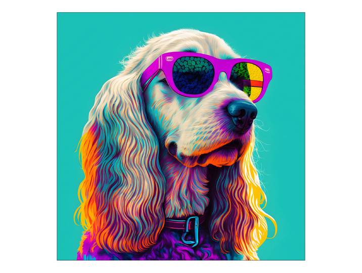 Tableau Chien à lunettes II Cadre : panneau de fibres de bois MDF Revêtement : toile Turquoise/Mauve/Marron 50 x 50cm