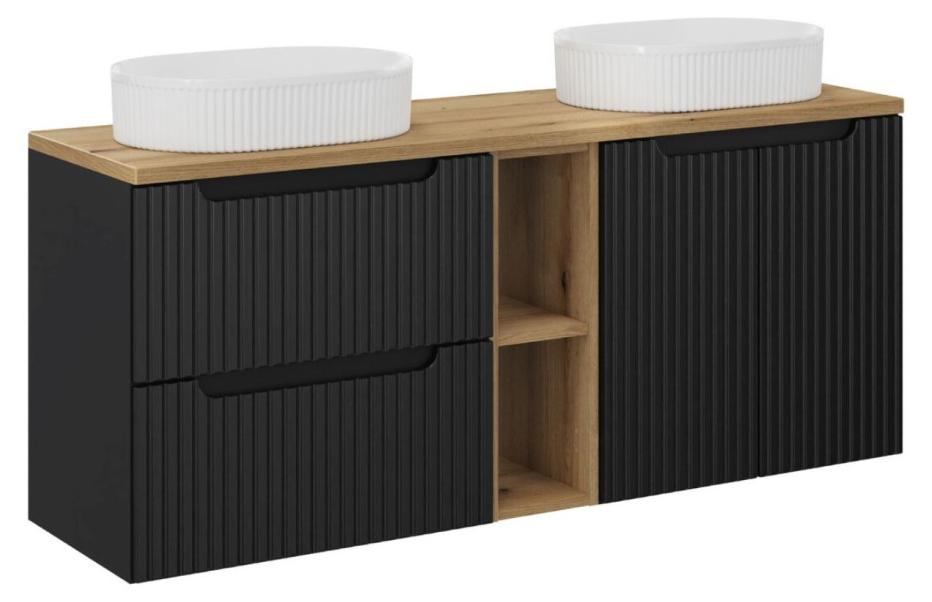 Ensemble VANO 140cm : Möbel unter dem Waschbecken mit sichtbaren Nischen, Schubladen und Schränken + zwei gerillte Aufsatzwaschbecken