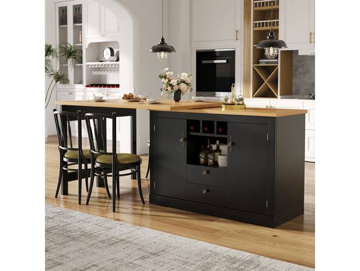 WOVREO Table de bar extensible 120-180 cm avec rangement plateau pivotant MDF noir et naturel