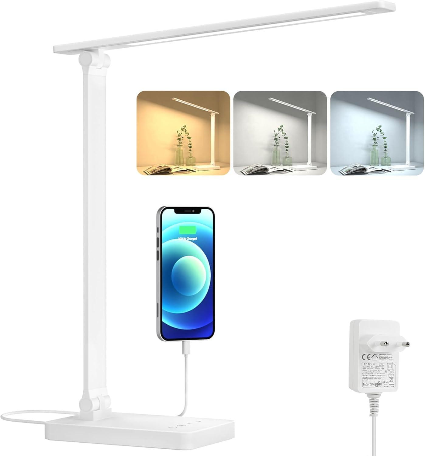 Lepro LED bureaulamp, 15W, dimbare tafellamp met 655 lumen, 3 kleurmodi en 5 helderheidsniveaus, USB-aansluiting, wit