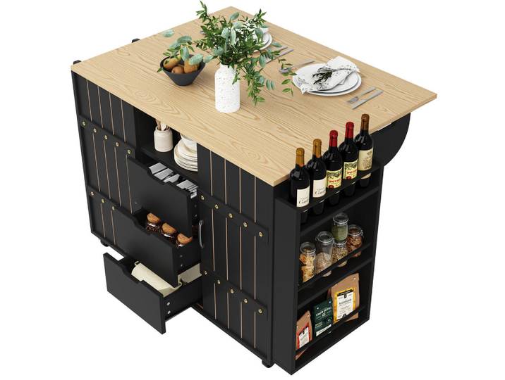 Shopentra Kücheninsel Schwarz Holzoptik mit Arbeitsplatte & Schiebetüren, 42x90x110 cm, Küchen, Küchenmöbel, Kücheninseln