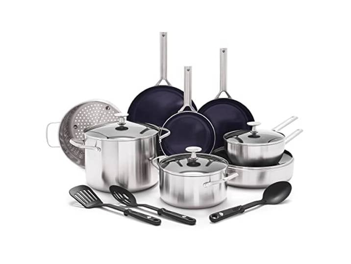 Blue Diamond Cookware Triple Steel Edelstahl Keramik Antihaft 15-teiliges Kochgeschirr-Set,Enthält Bratpfannen Bratentopf, Tri-Ply, PFAS-frei,Mehrschichtig,Induktion,Spülmaschinen- und Ofenfest,Silber