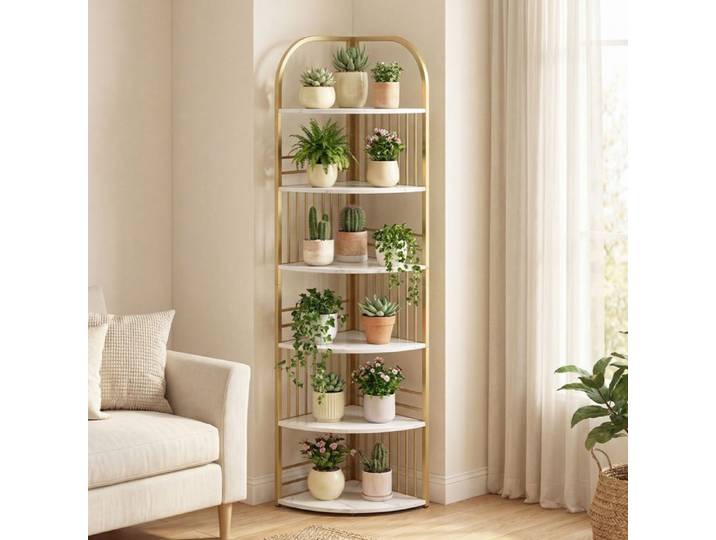 Étagère d'angle à 6 niveaux 181 5 cm avec cadre métallique robuste présentoir vertical blanc