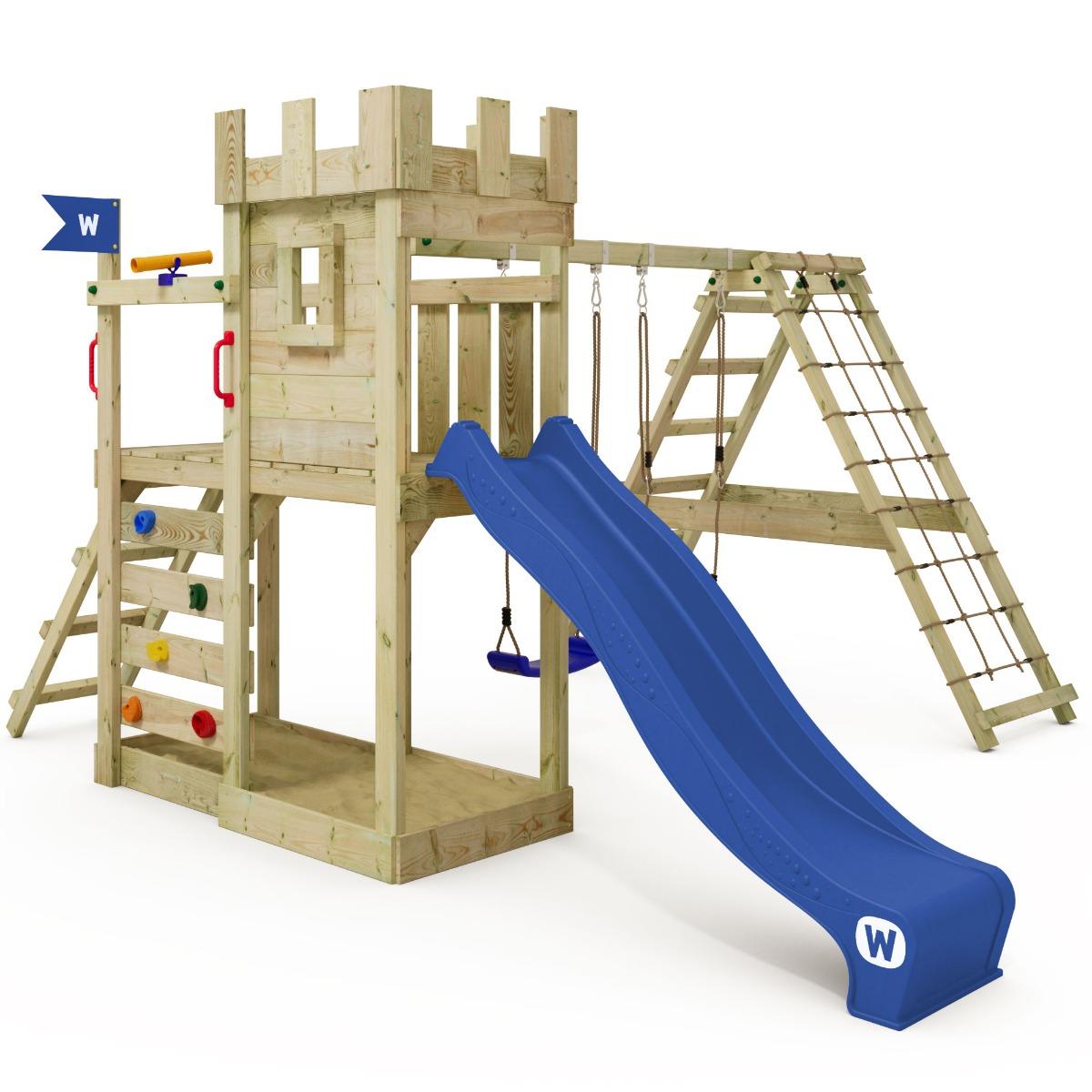 Wickey Spielturm GateFlyer mit Rutsche, Doppelschaukel & Sandkasten - Kletterturm aus Massivholz für Gartenabenteuer - Langlebig & Sicher - Wickey
