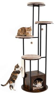 Costway 72-Inch Tall Multi-Level Cat Condo with Top Perch Platforms and Removable Washable Mats-Rustic Brown
