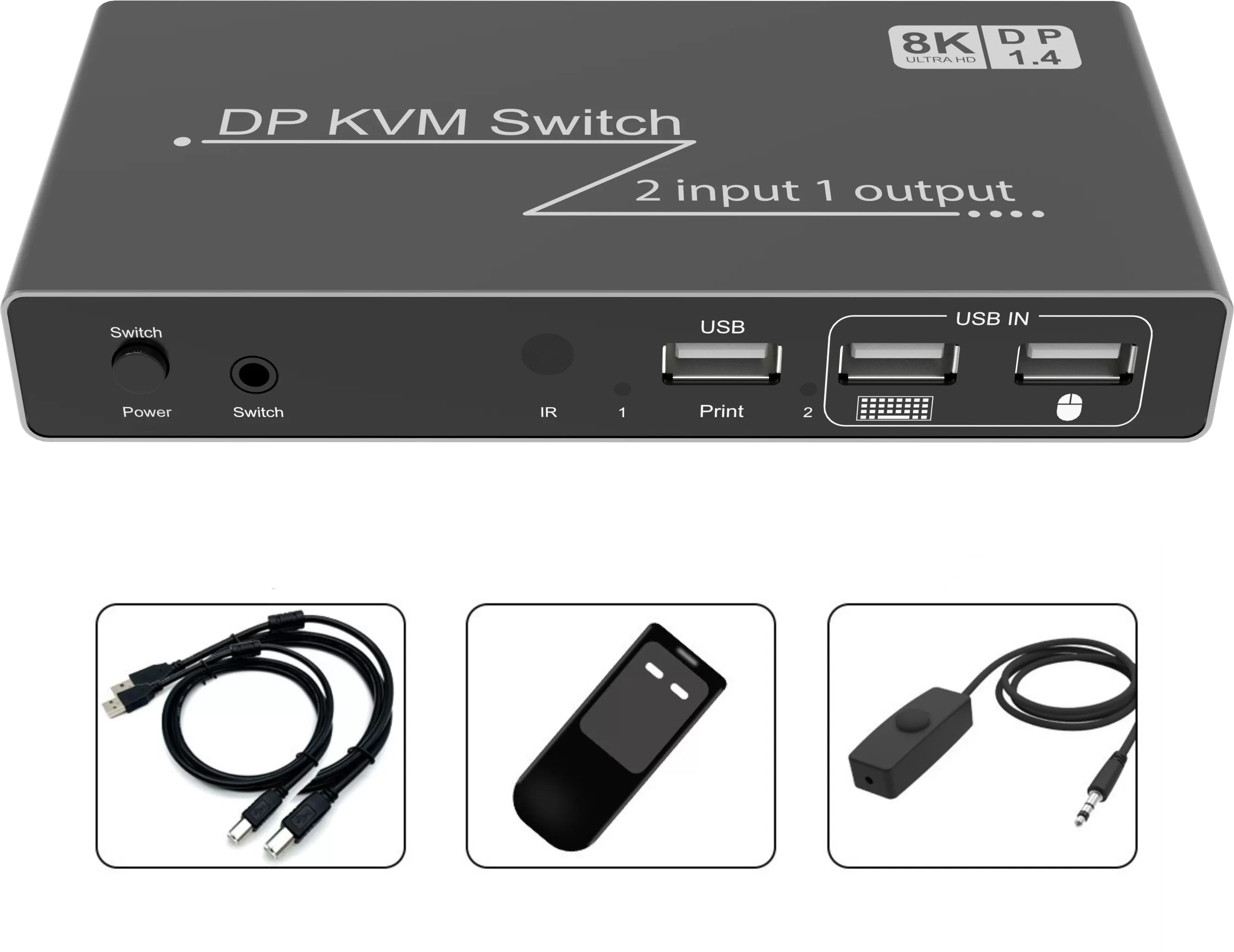 INF Commutateur KVM DP DisplayPort 2 en 1 sortie 8K 60 Hz