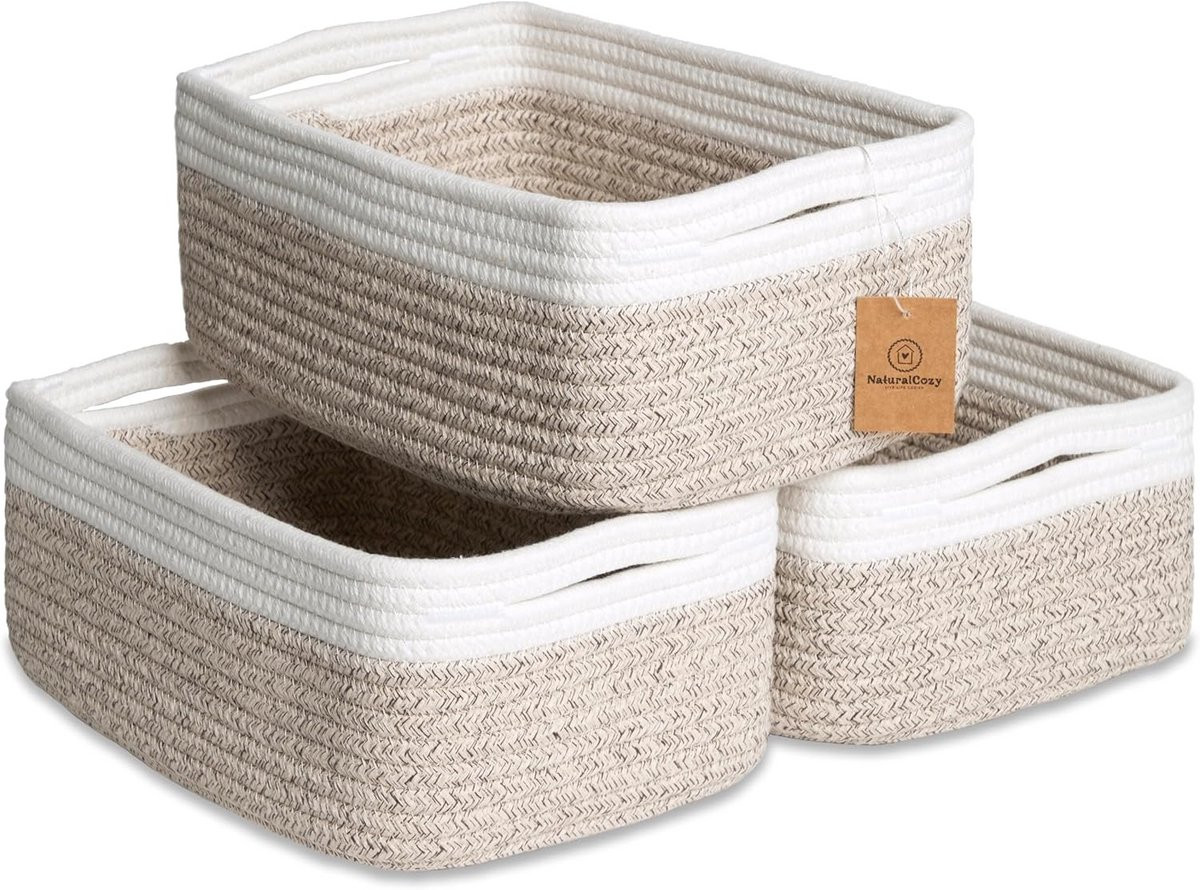Set van 3 decoratieve rechthoekige opbergmanden voor planken van textiel