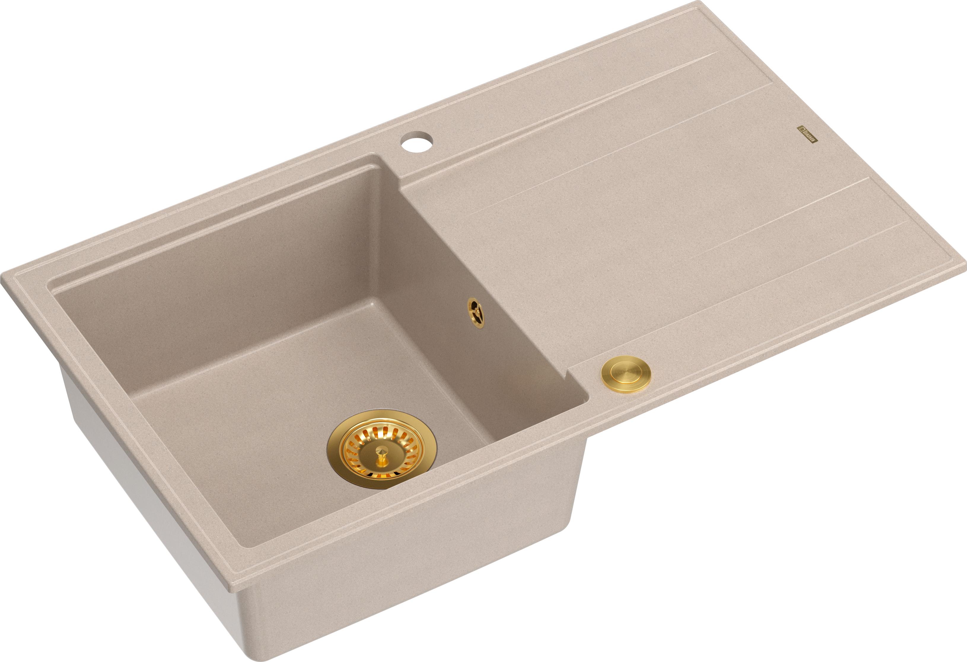 QUADRON Spülbecken 1-Becken Spüle | Größe: 86 x 50 x 21 cm | EVAN 111 | Küchenspüle Granitspüle aus GraniteQ mit Siphon | Beige & Golden