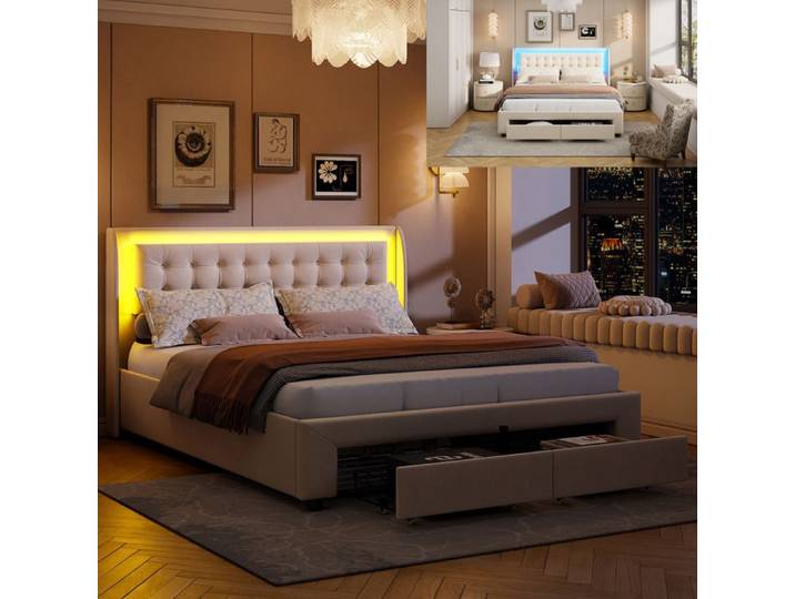 Lit 140x190 cm - LED - tissu en Velours - cadre de lit adulte - lit adulte 140x190 cm - lit 140x190 cm - beige