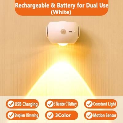 Inspired Living LumiFlex Motion Sensor Wall Light USB Rechargeable Wireless Reading Light 360 Rotating LED Lamp white usb Type 1pc