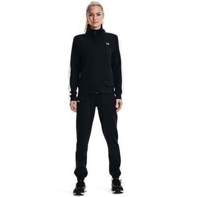 Trainingsanzug UNDER ARMOUR "TRICOT TRACKSUIT", Damen, Gr. XXL, schwarz-weiß (schwarz, weiß, weiß), Obermaterial: 100% Polyester, Sportanzüge Trainingsanzug, für vielseitige Aktivitäten, leichtes Material, pflegeleicht