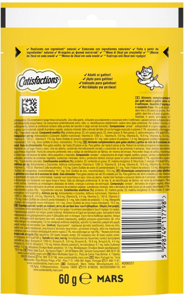 Catisfactions Snack per Gatto al Formaggio 60G