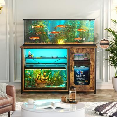 Rackcog 55-75 Gallon Fish Tank Stand with Charging Station and LED Light, Reversible Aquarium Stand with Cabinet