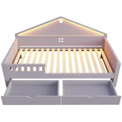 OKWISH Einzelbett aus Massivholz und MDF, Grau, 90x200 cm, gewerblich geeignet, mit LED-Lichtleiste und 2 Schubladen für Hotel- und Gästezimmer