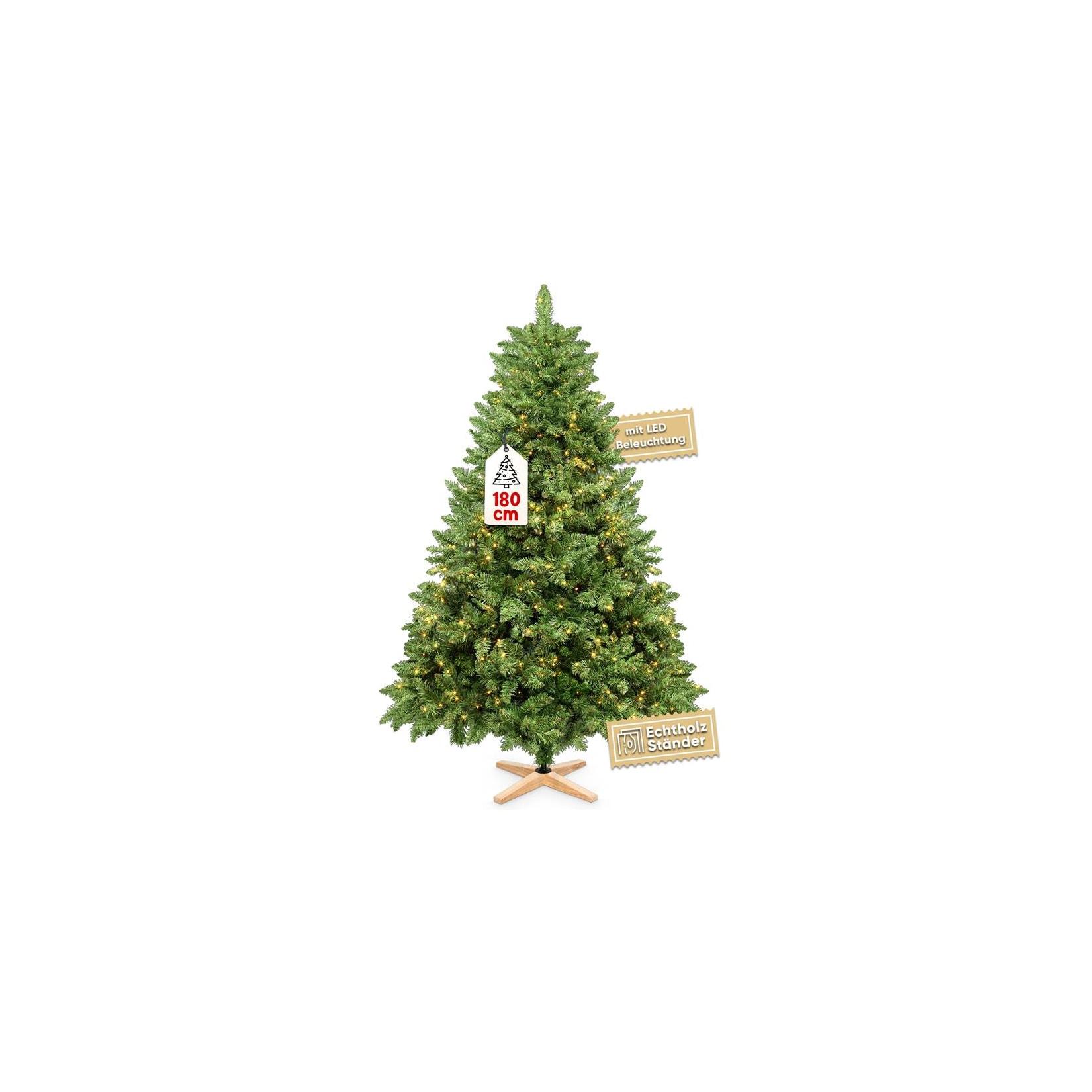 VESKA Weihnachtsbaum künstlich 180cm - mit Holzständer, Nordmanntanne, Künstlicher Tannenbaum, Naturgetreu, dichte Zweige mit LED