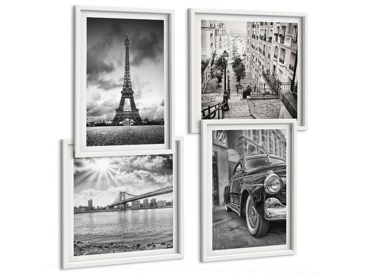 BILDER SET 4er Set - 50x50 cm & 40x60 cm Weißer Rahmen - Stadtansichten, Brücken, Eiffelturm, Auto