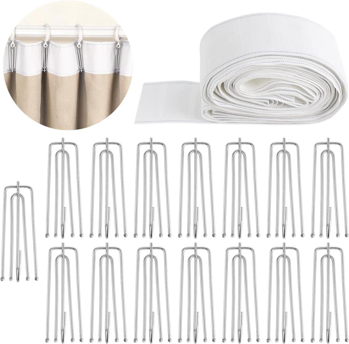 Gordijnplooiband met haken, 66 meter, wit polyester