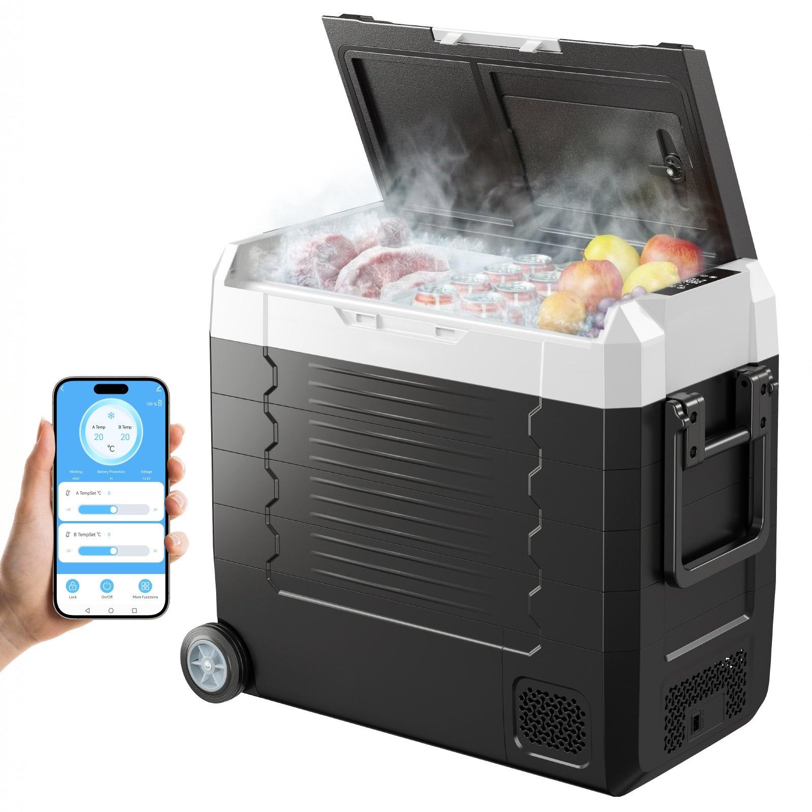 Kompressor-Kühlbox - Auto-/Camping-Kühlschrank 55 L - 2 Temperaturzonen - App-Steuerung - 12/24 V Gleichstrom & 100-240 V Wechselstrom - Kühlen & Gefrieren 20 bis +20 °C - Mit Rädern