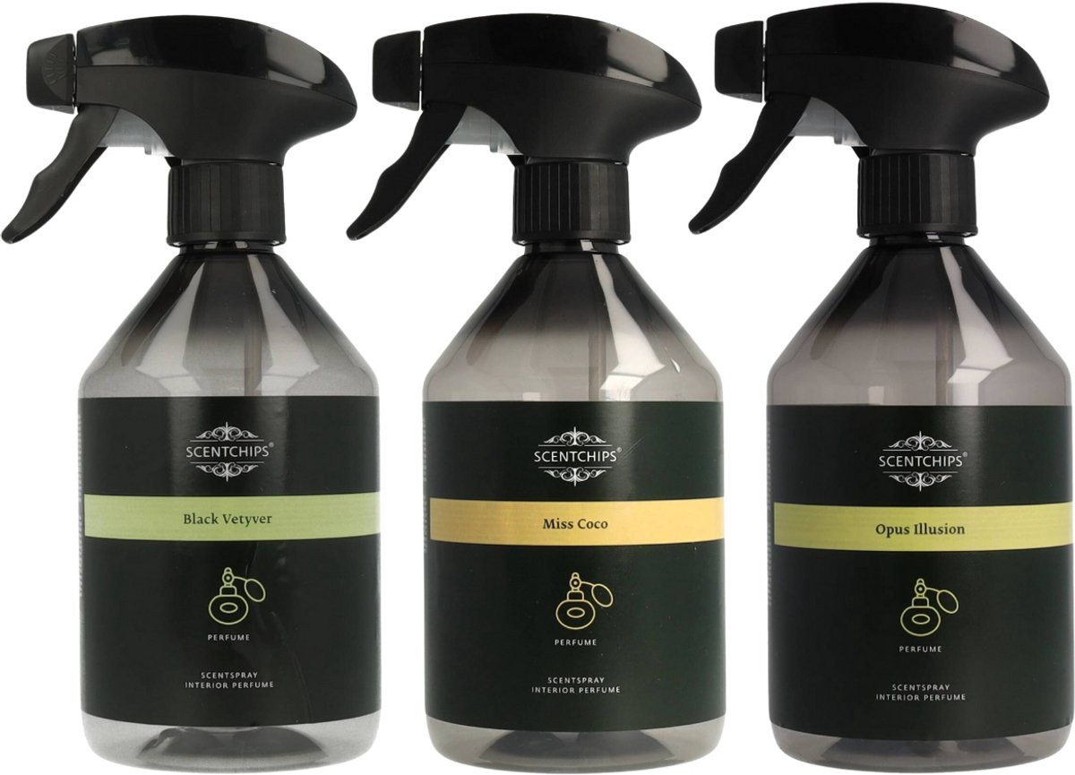 Scentchips Interieurspray Set van 3 - Black Vetyver, Miss Coco en Opus Illusion - 500 ml