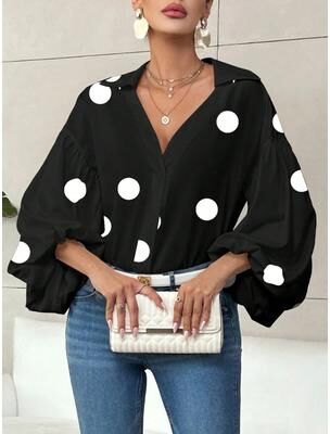 Universal Stock Yeezzi French Style Polka Dot V Neck Blouse Women Puff Sleeve Casual Top black l