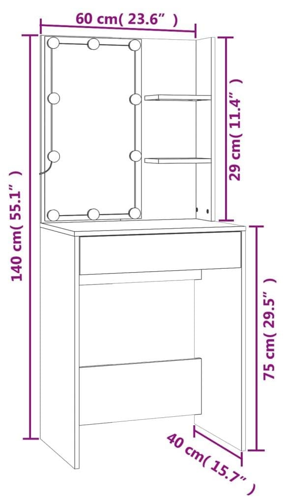 vidaXL LED-makeuptafel met kast, grijs Sonoma, houtfineer, B/D/H: 75 x 40 x 40 cm