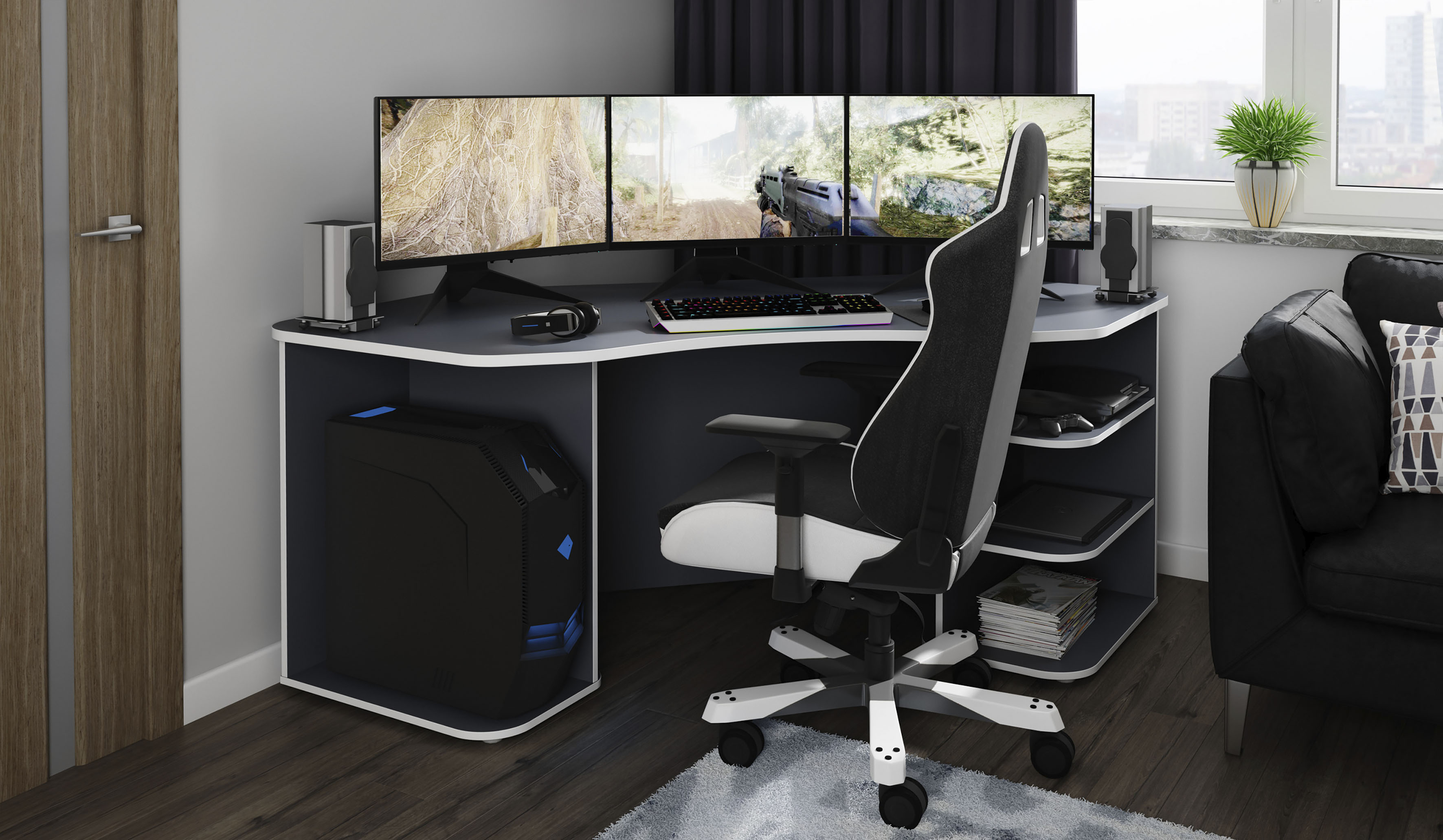 Gamingtisch BYLIVING "Thanatos", grau (anthrazit, weiß, anthrazit, weiß, anthrazit, weiß), B:198cm H:76cm T:85cm, Tische, Gamingtisch, Breite 198 cm, moderner Eckschreibtisch