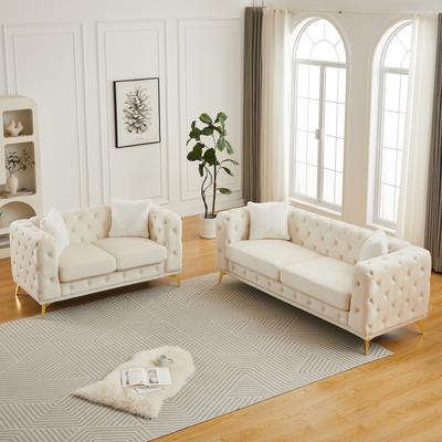 GDFStudio - 5-Seat Pine Wood Frame Soft Sofa with Metal Legs & Tufted Craft for Living Room & Office