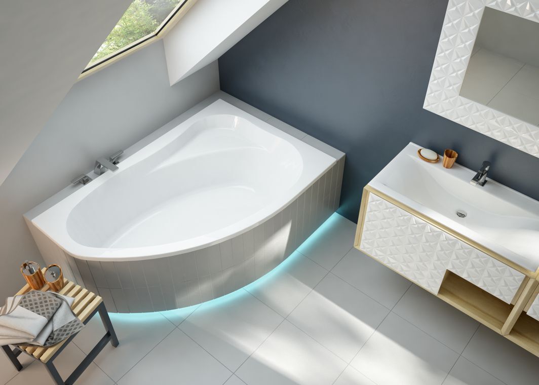 Badewanne Asymetrisch 90x140 cm mit Ablaufgarnitur und Füßen ohne Verkleidung , RECHTS