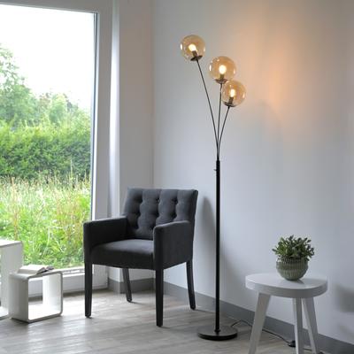 OTTO HOME Stehlampe "Nellin", schwarz (schwarz, glas amberfarben), 3, Ø 16cm H: 185cm, Leuchten, Stehleuchte mit großen Glaskugeln amberfarben oder opal matt weiß, Stehlampe