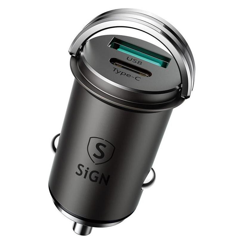 SIGN Mini Car Charger USB & USB-C, PD & Q.C3.0, 5A, 20W - Black (SN-A45)