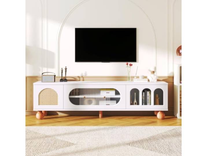 OLIVIBED TV-Möbel mit Rattan-ähnlicher Tür, TV-Schrank mit Glasschiebetür, Lowboard mit Goldenen Griffen und Massiven Holzfüßen, TV-Bank mit DREI Offenen Bogenbereichen, 170x37x47cm, Weiß