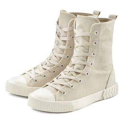 Stiefelette LASCANA "High-Top Sneaker, Textil-Boot, Herbststiefelette, Schnürschuh", Damen, Gr. 38, beige, Obermaterial: 100% Textilmaterial. Decksohle: 100% Textilmaterial. Futter: 100% Textilmaterial. Laufsohle: 100% Synthetik, unifarben, Basic,...