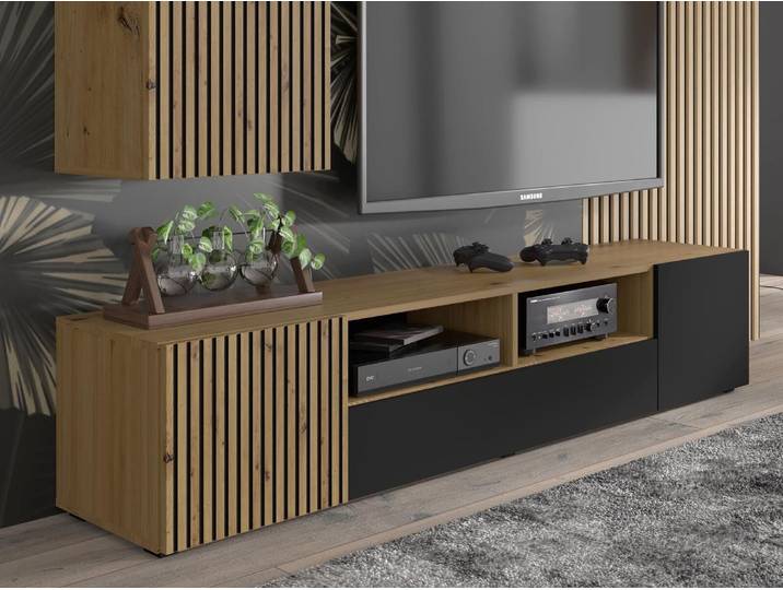 Meuble tv-hifi ORISA 3 portes 200 cm chêne artisan/noir