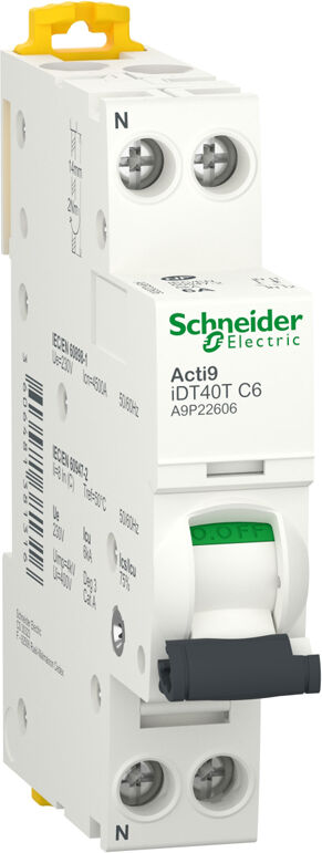 Disjoncteur modulaire ACTI9 IDT40T 1P+N courbe C 4500 A / 6 kA 6 A SCHNEIDER ELECTRIC A9P22606