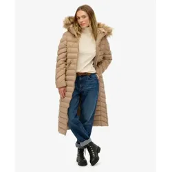 Superdry für Damen. W5012001A Fuji Kunstfellmantel mit Kapuze und langem Schnitt beige (M), Lässig, Polyester