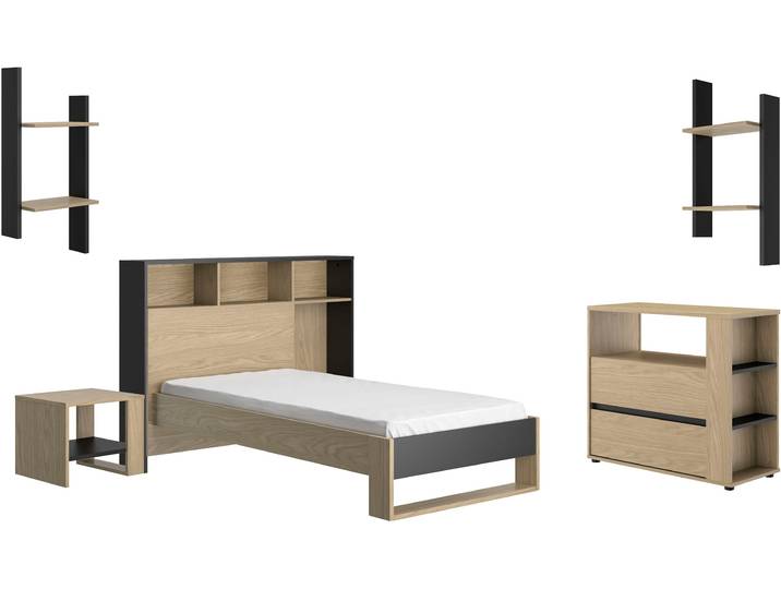 Schlafzimmer-Set GAMI Nael SET N3 , braun (eiche rockwood nachbildung, uni schwarz), Eiche Rockwood Nachbildung / Uni Schwarz + ohne Matratze, B/H: 90cm x 200cm, Eiche Rockwood Nachbildung / Uni Schwarz, Schlafzimmermöbel-Sets, Elegant Schlafzimmer