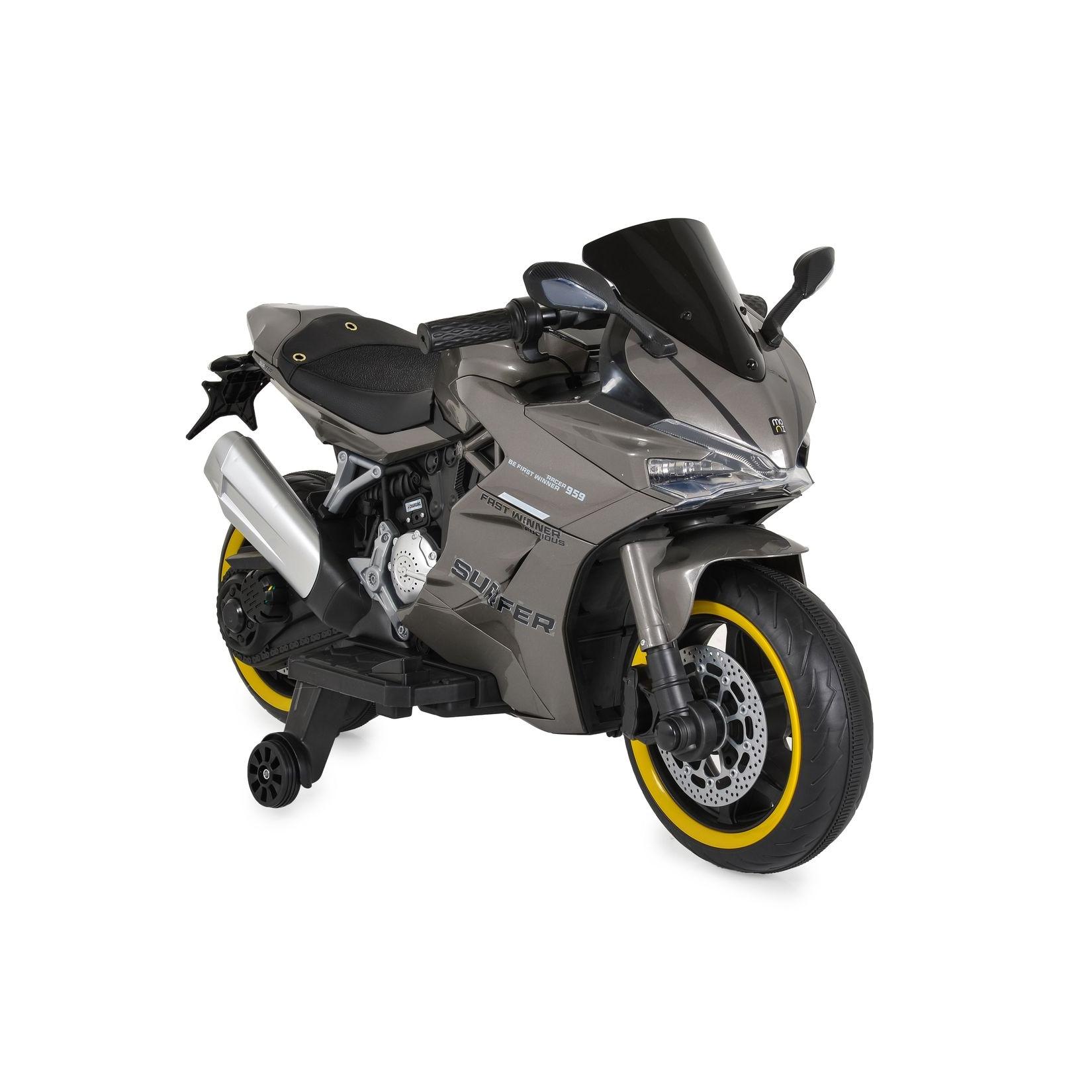 Moni Kinder Elektromotorrad Surfer Stützräder Fußstütze Bluetooth MP3-Ausgang grau