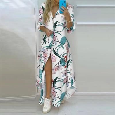 Inspired Living Boho Floral Maxi Shirt Dress Elegant Long Sleeve Summer Shirt Dress For Women green m(us 6)