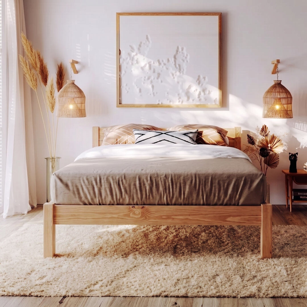 August Grove Alessio Solid Wood Bed Light Wood Kingsize (5')