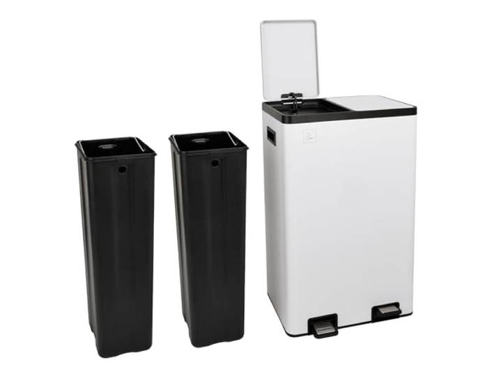 SVITA TMH2X30 Mülleimer 60L Mülltrennsystem 2 Fächer 2x15L Softclose-Deckel Pedal versteckbar Kunststoff Inneneimer Pulverbeschichteter Stahl Weiß
