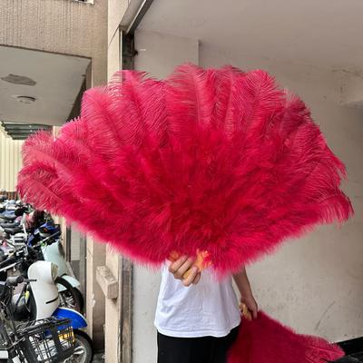 Uplifted Finds Grand Ostrich Feather Folding Fan   Professional Stage & Carnival Dance Fan wine Red 100 Cm 1pc + 130 Cm 1pc