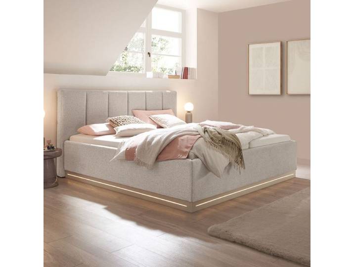 set one Polsterbett Franklin Kopfteil mit senkrechten Einzügen 200x200 cm Sand modern, Mit Beleuchtung