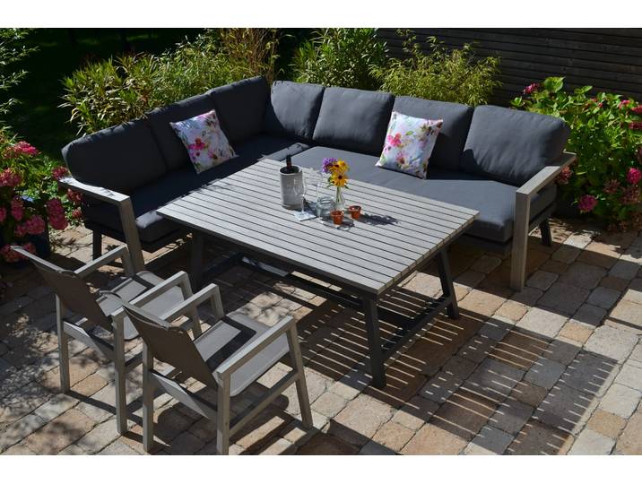 große Garten Ecklounge Morgana + 2 Stühle Flavium + Tisch 165x100cm Vintage Grey - lange Seite rechts