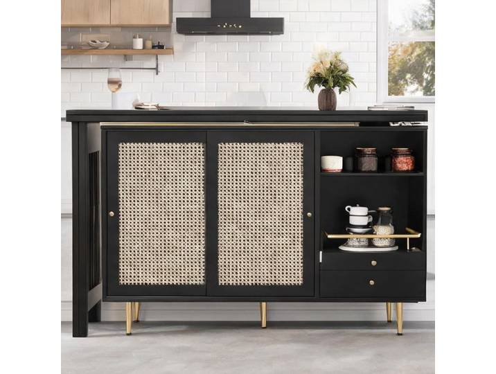 Buffet-bahut rotatif extensible pour cuisine et salle à manger noir et cannage 107-187 cm