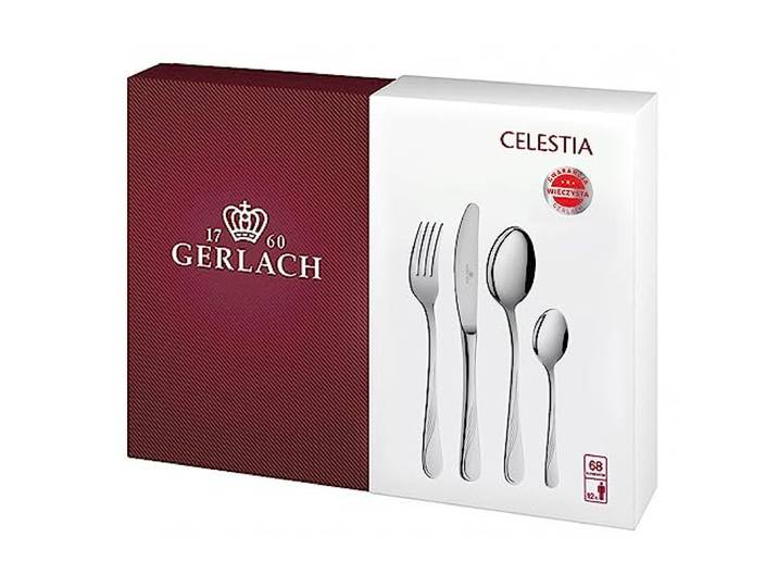 Gerlach Celestia Besteck-Set 12 Personen Spülmaschinenfest Essbesteck Edelstahl Tafelbesteck Messer Gabel Löffel Teelöffel Kuchengabel Soßenlöffel Kuchenspachtel Glänzend Rostfrei 68 Stk