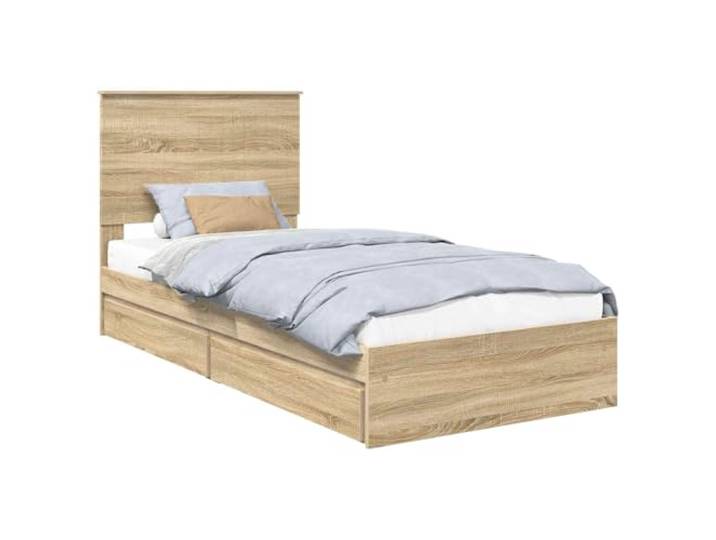 PUGYNBK Bett mit Schubladen Eiche Sonoma 90 x 190 cm Holztechnik, Kopfteil inklusive, integrierte Aufbewahrung, einfache Montage