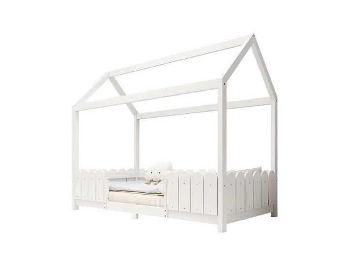 Odikalo Kinderbett Hausbett, vielseitig Holz, Rausfallschutz Lattenrost Weiß/Grau, 90x200